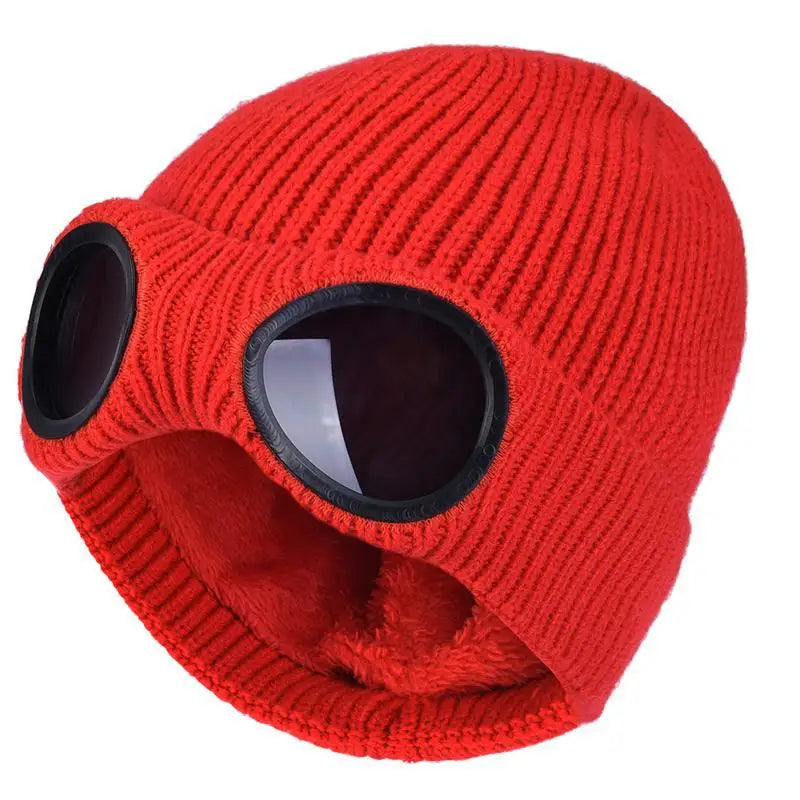 Fleece Lined Winter Hat with Goggles - Knit Beanie