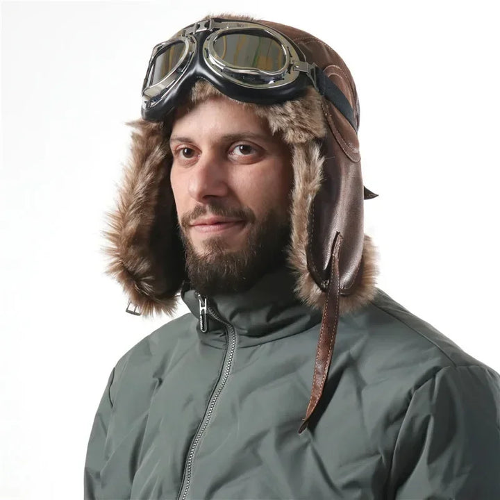 Men's Bomber Hat with Goggles - Faux Fur Pilot Hat