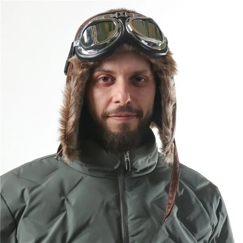 Men's Bomber Hat with Goggles - Faux Fur Pilot Hat
