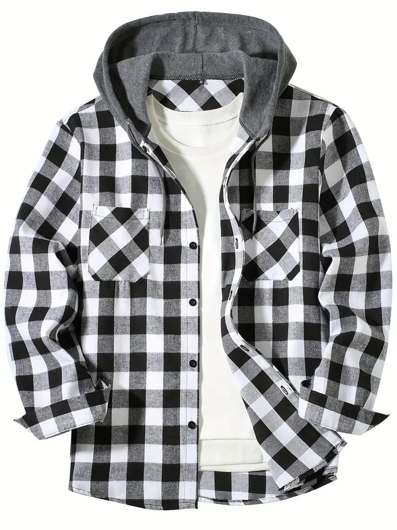 Men's Hooded Plaid Button Down Shirt - Slim Fit Long Sleeve