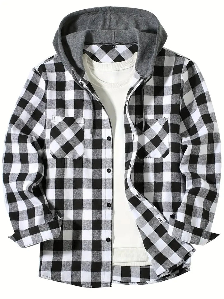 Men's Hooded Plaid Button Down Shirt - Slim Fit Long Sleeve