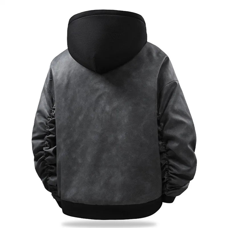 Men's Hooded Faux Leather Bomber Jacket - Oversized Fit