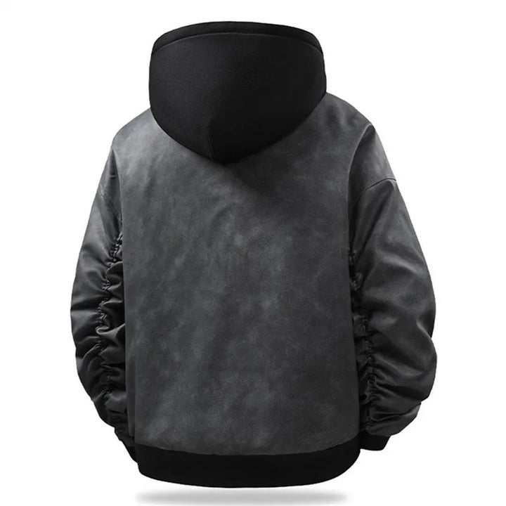 Men's Hooded Faux Leather Bomber Jacket - Oversized Fit
