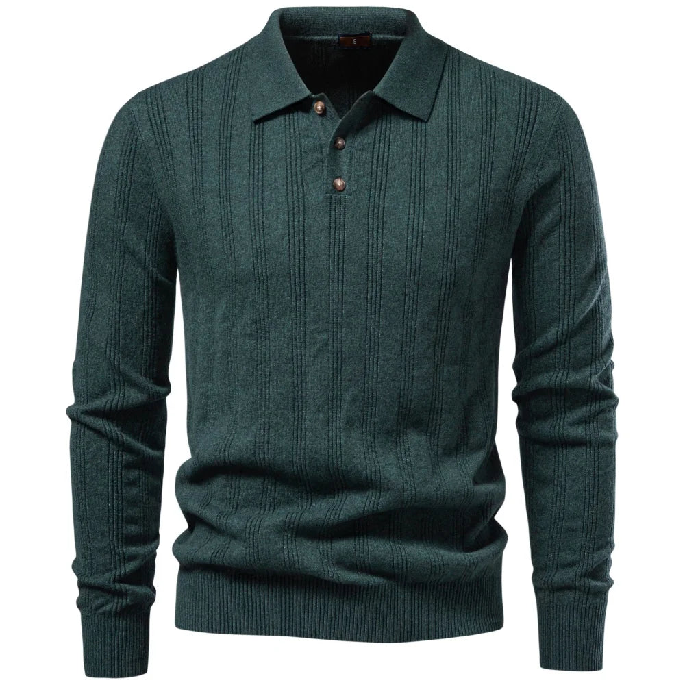 Men's Long Sleeve Knit Polo - Ribbed Knit Polo Shirt
