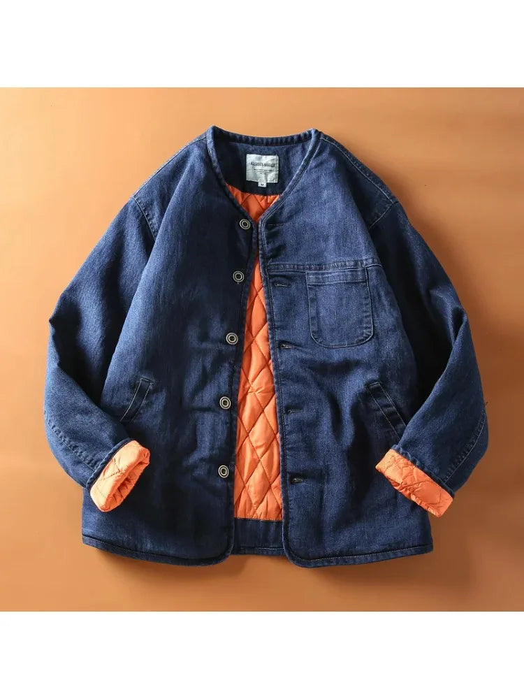 Men's Collarless Quilted Denim Jacket - Warm Winter Jacket