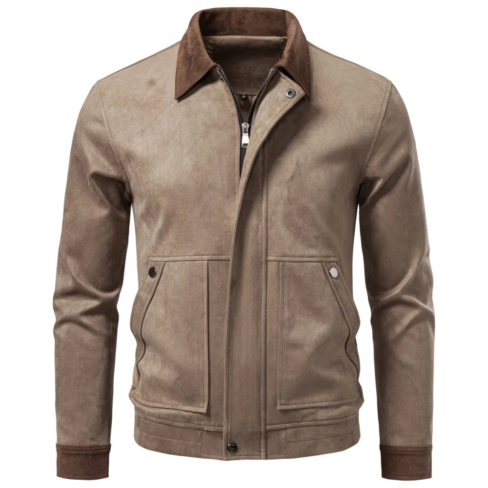 Men's Faux Suede Color Block Jacket - Zip Up Lapel Collar