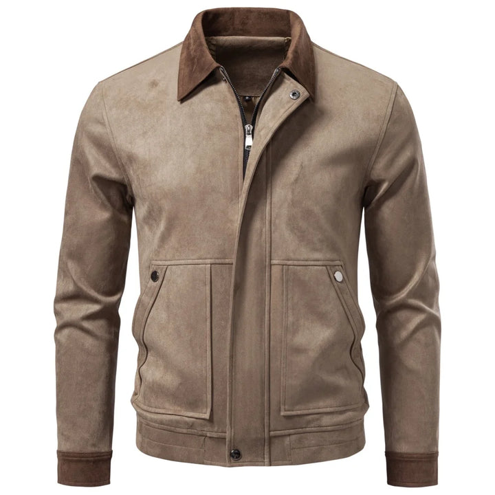 Men's Faux Suede Color Block Jacket - Zip Up Lapel Collar