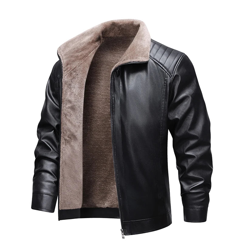 Men's Faux Leather Biker Jacket - Fleece Lined Motorcycle Jacket
