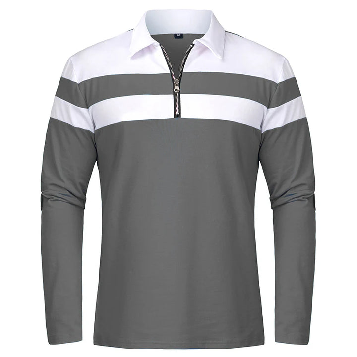 Monarch Men's Long Sleeve Striped Polo Shirt with 1/4 Zip