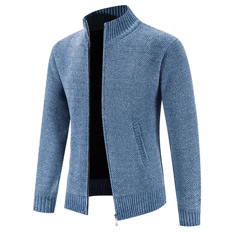 Men's Fleece Cardigan Sweater - Full Zip Stand Collar Knit