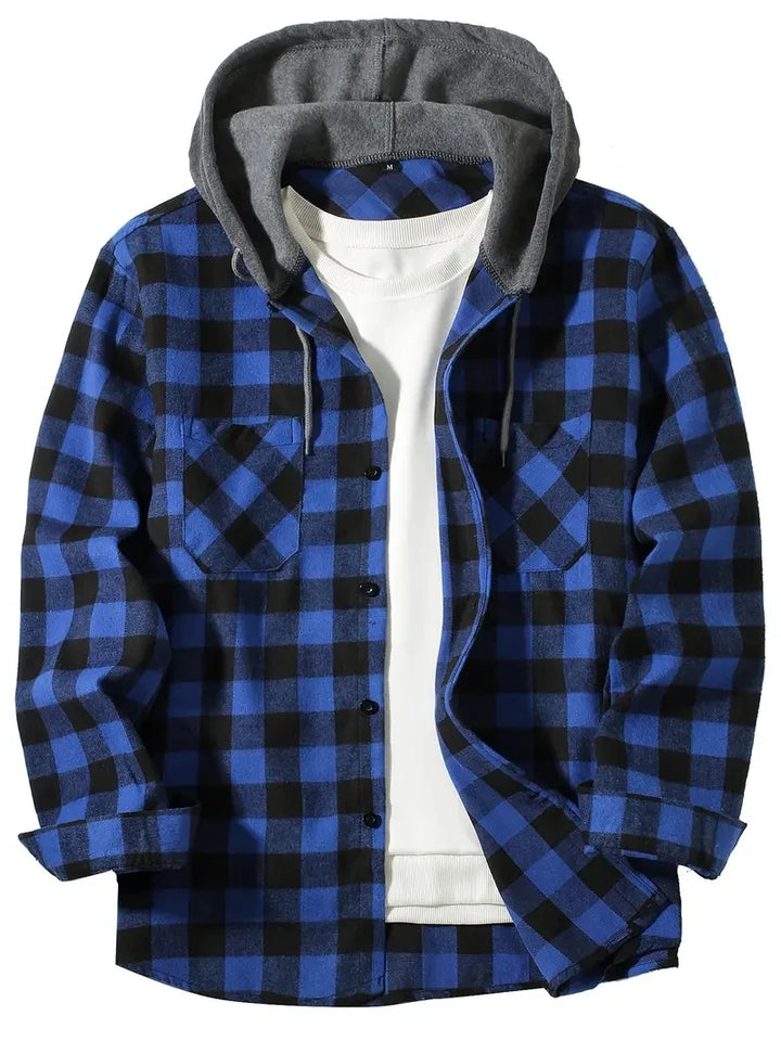 Men's Hooded Plaid Button Down Shirt - Slim Fit Long Sleeve