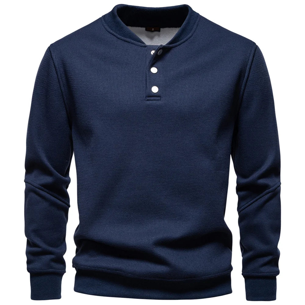 Men's Fleece Lined Sweatshirt - Waffle Knit Henley Pullover