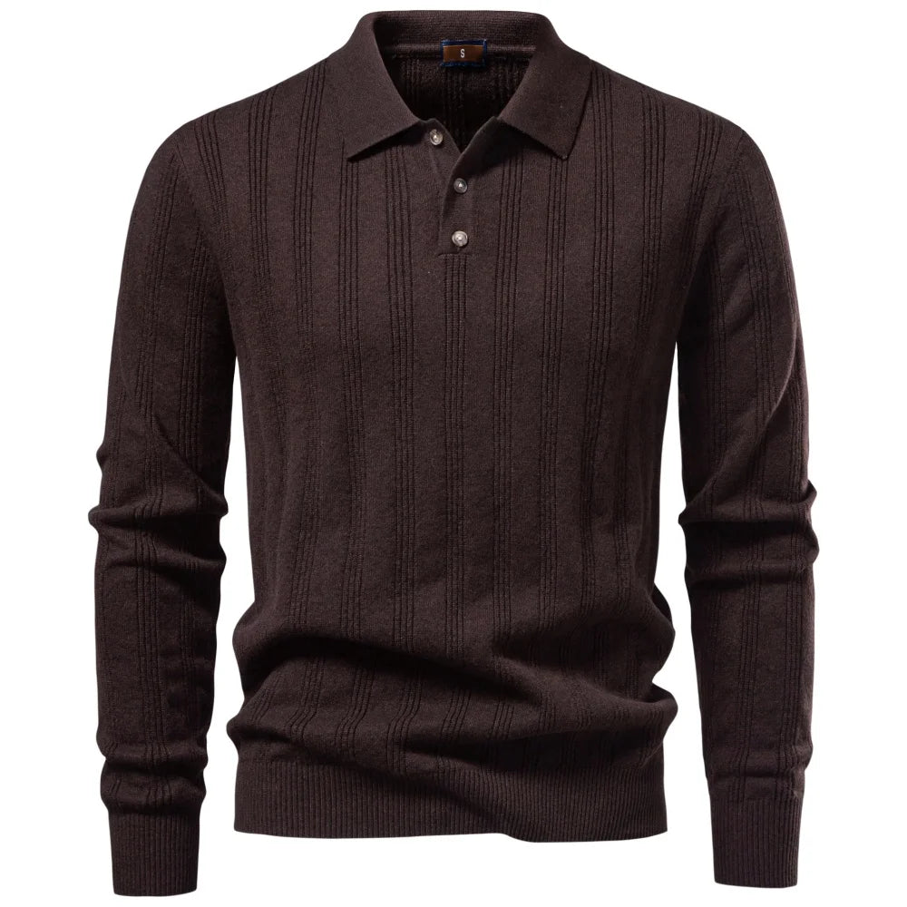 Men's Long Sleeve Knit Polo - Ribbed Knit Polo Shirt