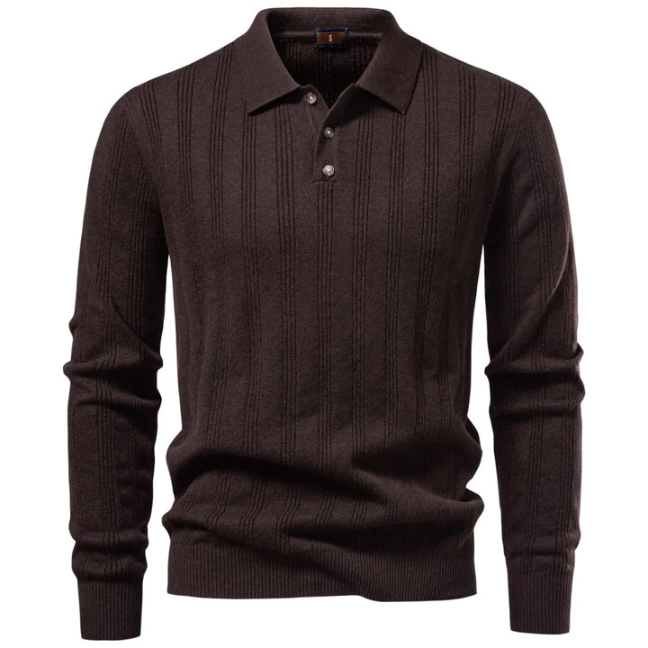 Men's Long Sleeve Knit Polo - Ribbed Knit Polo Shirt