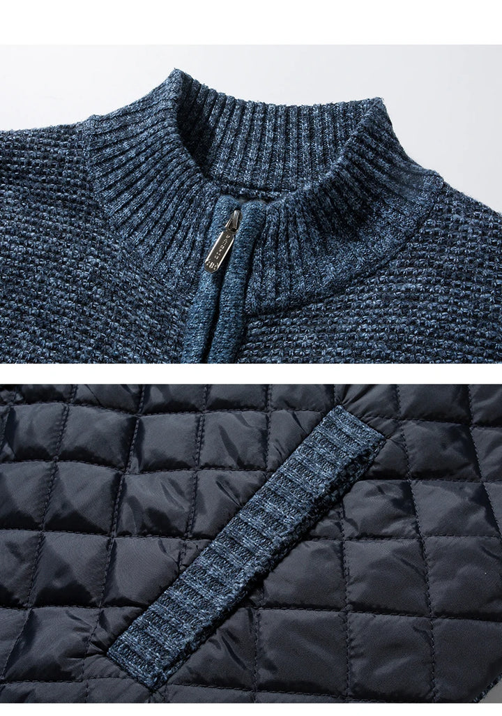 Knit Cardigan Jacket with Quilted Front - Korean Style Zip Sweater