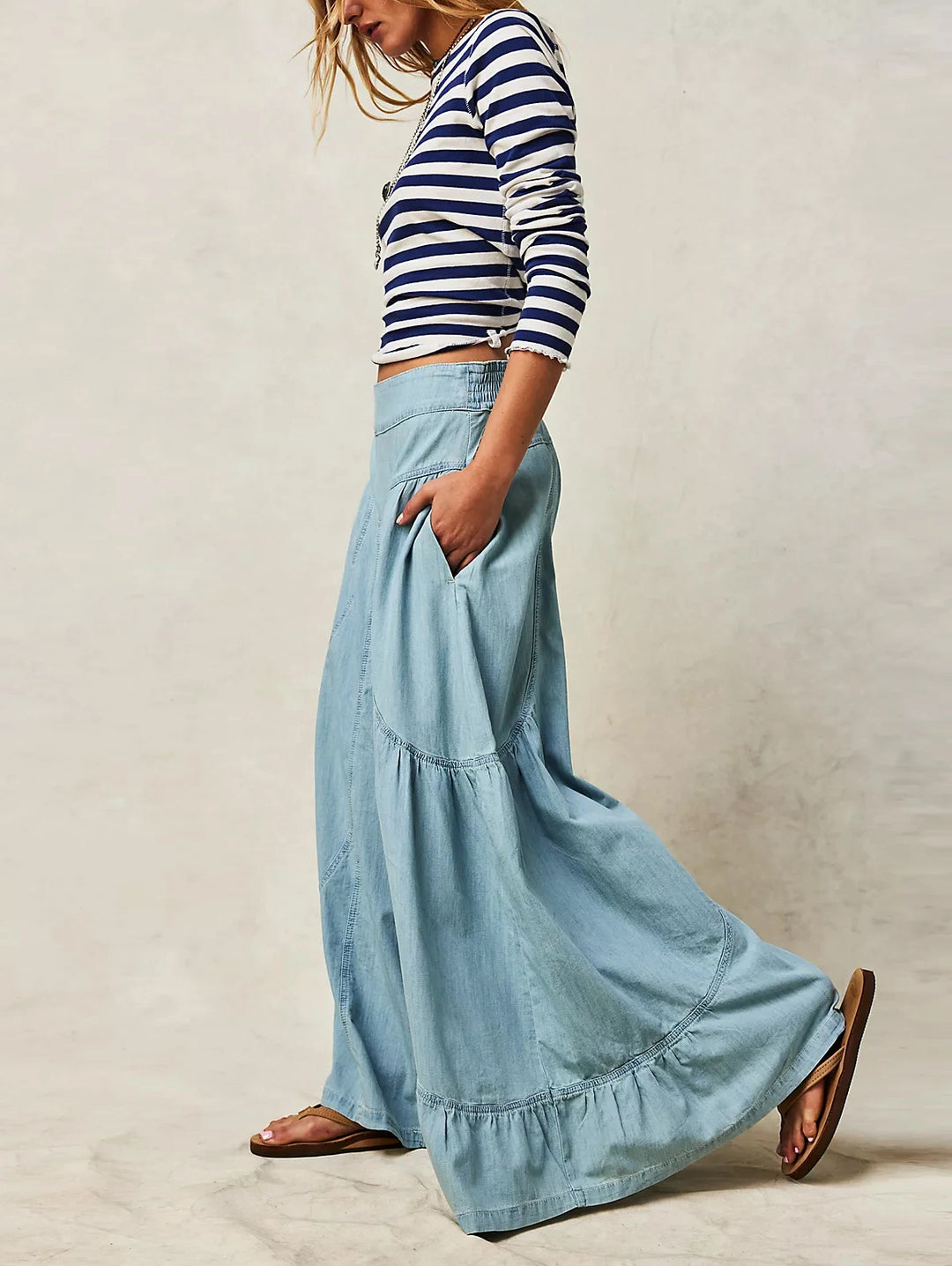 Wide-Leg Chambray Pants