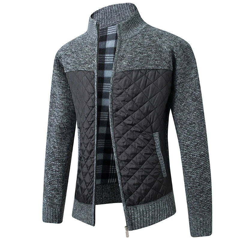 Knit Cardigan Jacket with Quilted Front - Korean Style Zip Sweater