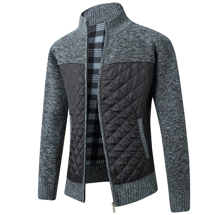 Knit Cardigan Jacket with Quilted Front - Korean Style Zip Sweater