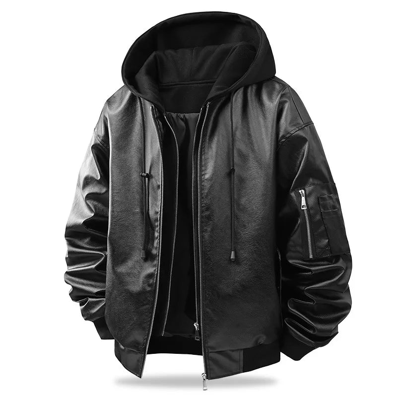 Men's Hooded Faux Leather Bomber Jacket - Oversized Fit