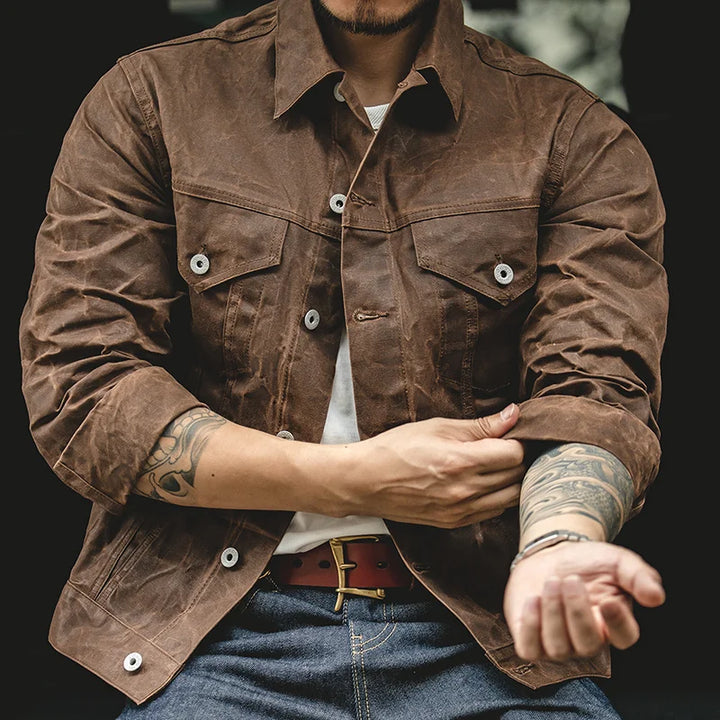 Rustic Trailblazer: Men's Vintage-Style Waxed Canvas Jacket