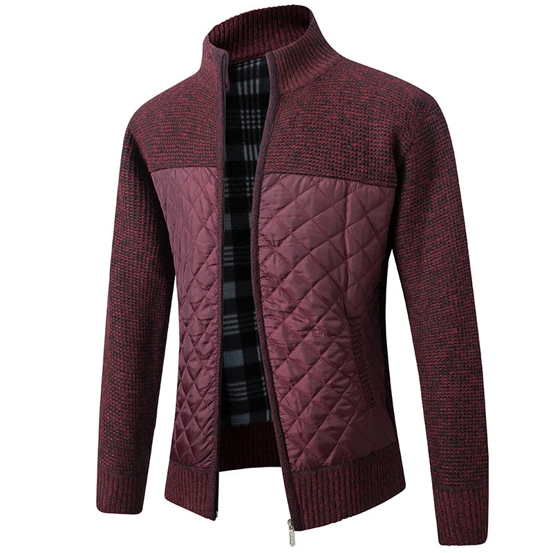 Knit Cardigan Jacket with Quilted Front - Korean Style Zip Sweater