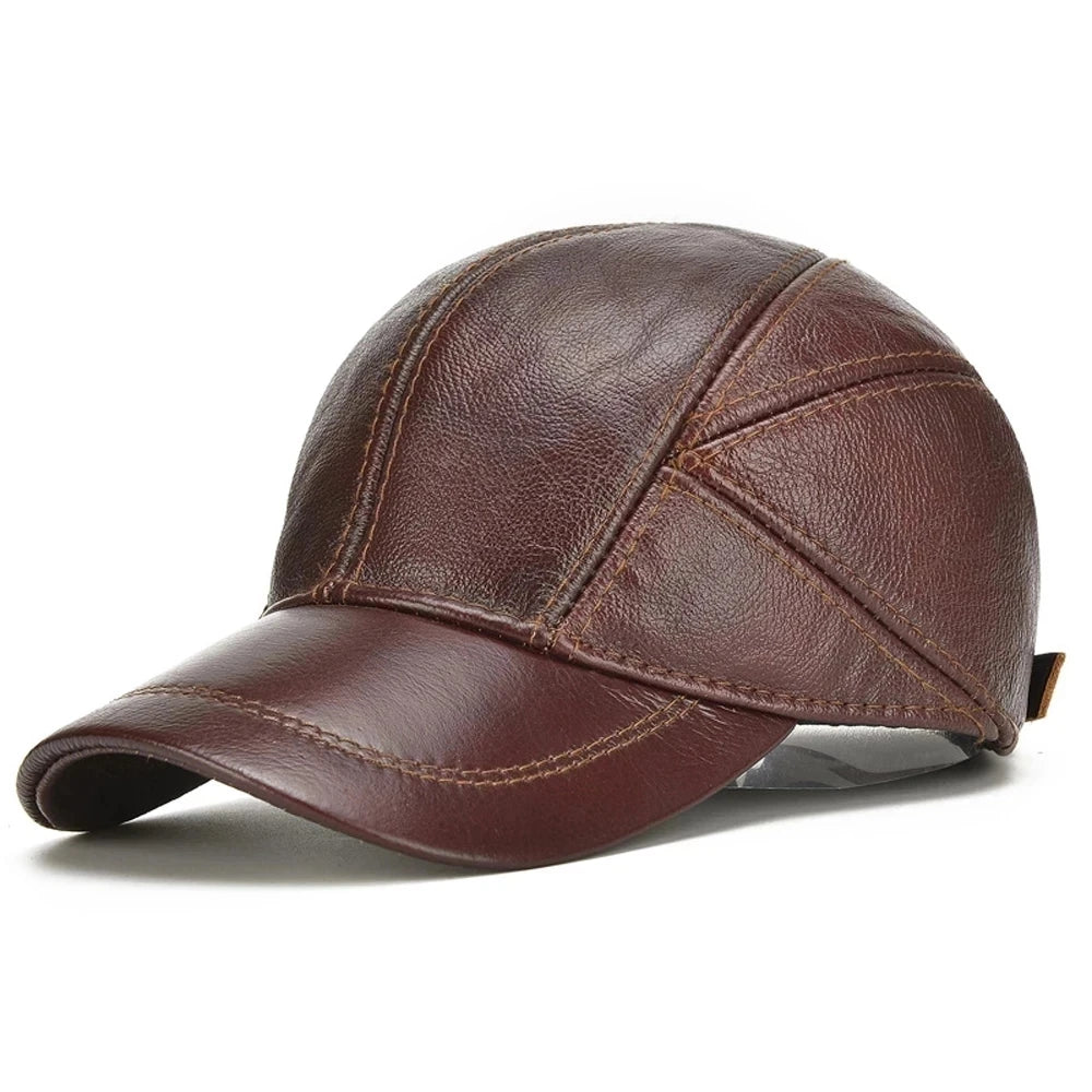 Men's Cowhide Leather Earflap Cap - Winter Baseball Hat