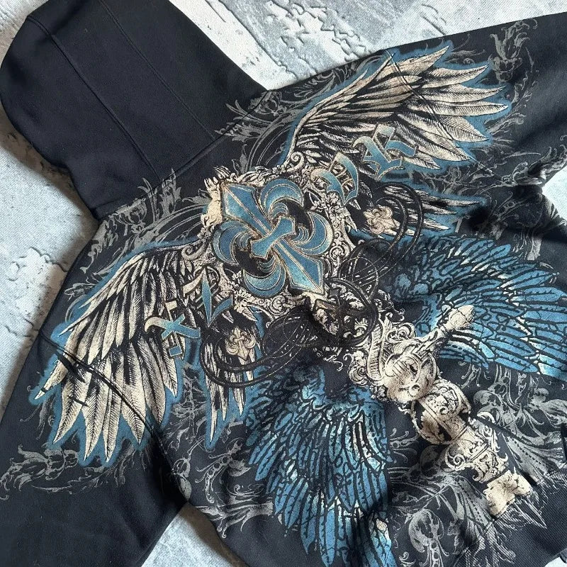 Vintage Angelic Graphic Zip-Up Hoodie