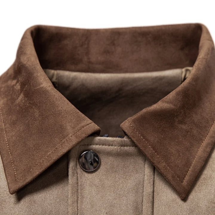 Men's Faux Suede Color Block Jacket - Zip Up Lapel Collar