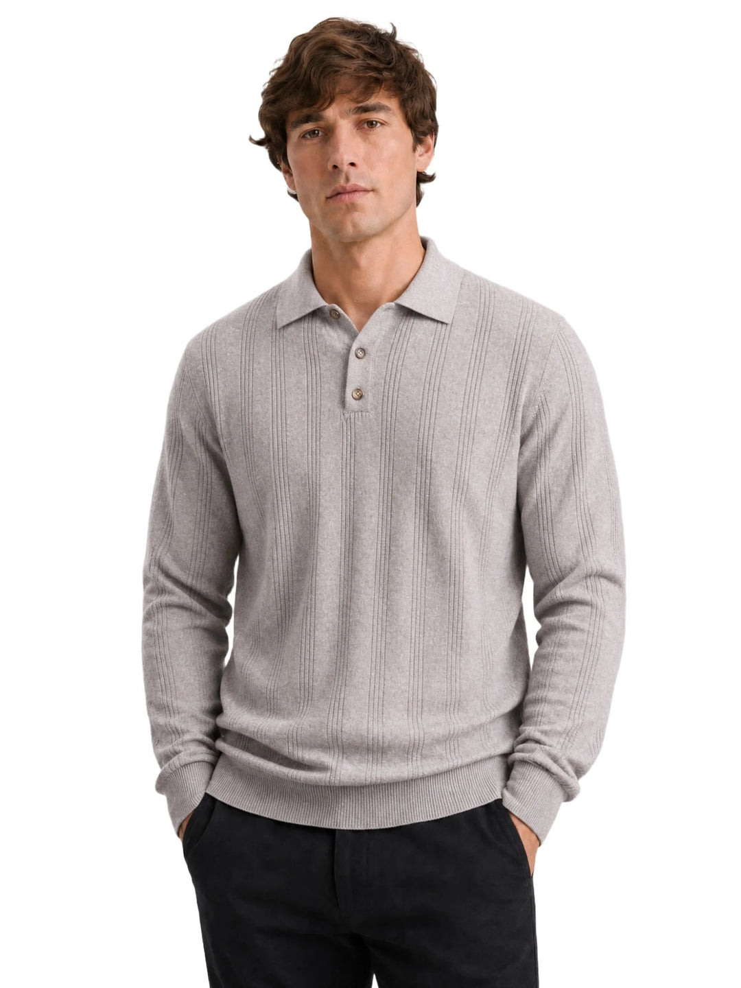 Men's Long Sleeve Knit Polo - Ribbed Knit Polo Shirt