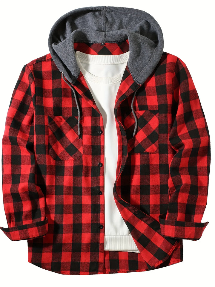 Men's Hooded Plaid Button Down Shirt - Slim Fit Long Sleeve