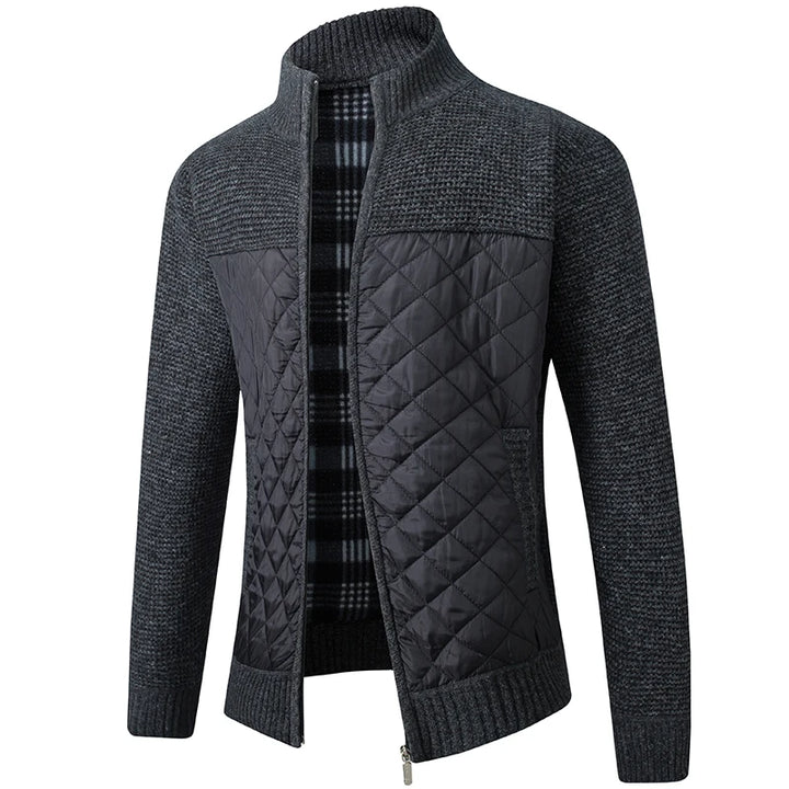 Knit Cardigan Jacket with Quilted Front - Korean Style Zip Sweater