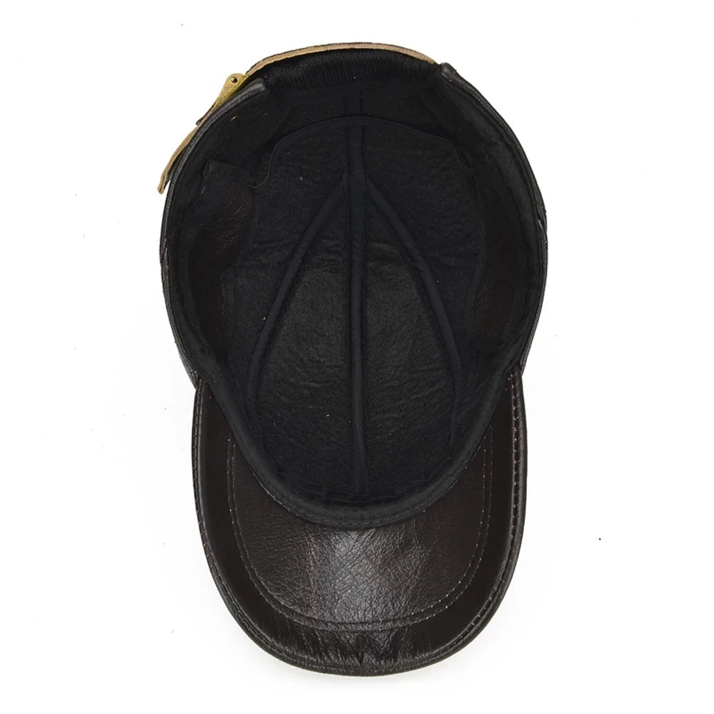 Men's Cowhide Leather Earflap Cap - Winter Baseball Hat