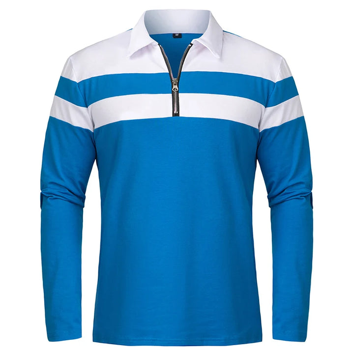 Monarch Men's Long Sleeve Striped Polo Shirt with 1/4 Zip