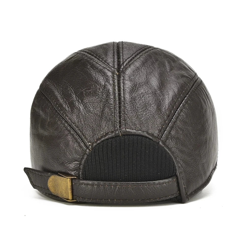 Men's Cowhide Leather Earflap Cap - Winter Baseball Hat