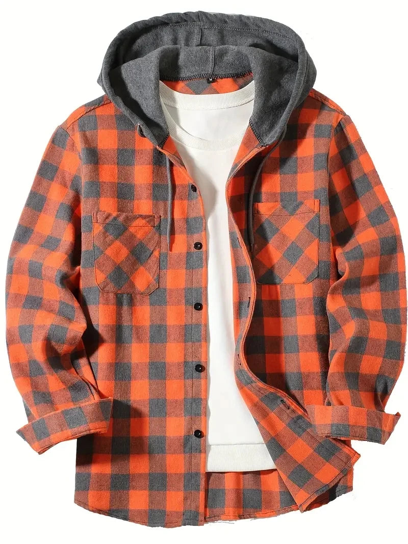 Men's Hooded Plaid Button Down Shirt - Slim Fit Long Sleeve