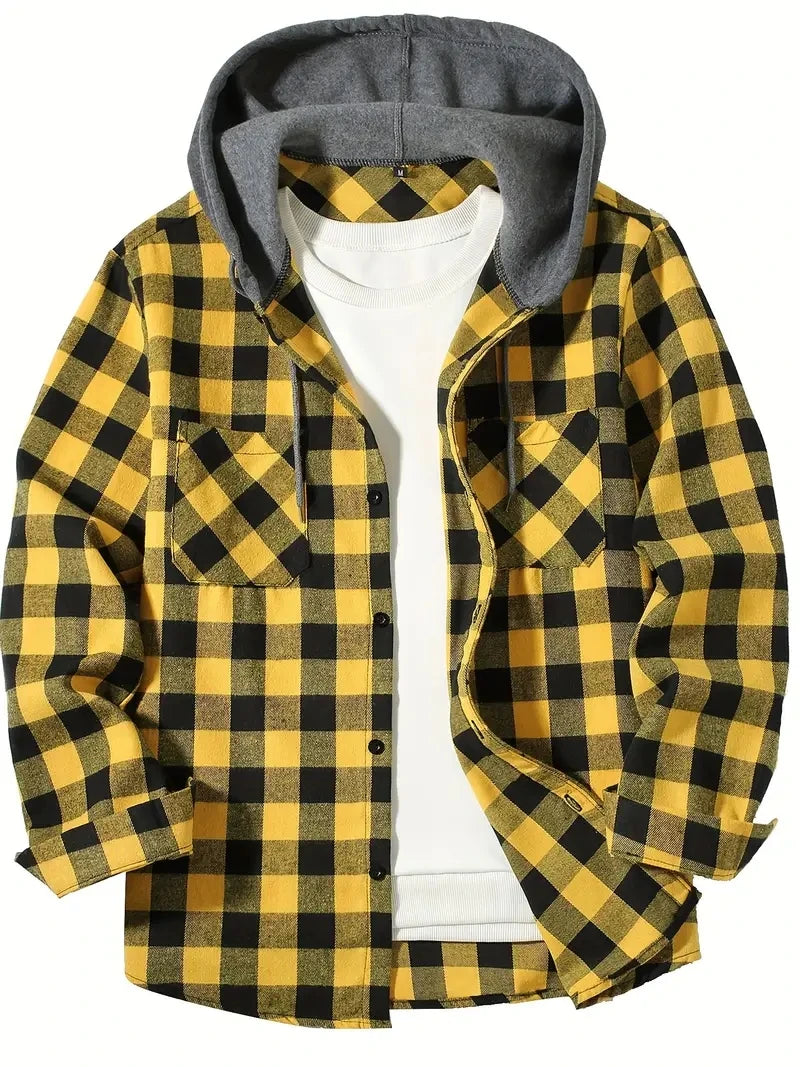 Men's Hooded Plaid Button Down Shirt - Slim Fit Long Sleeve