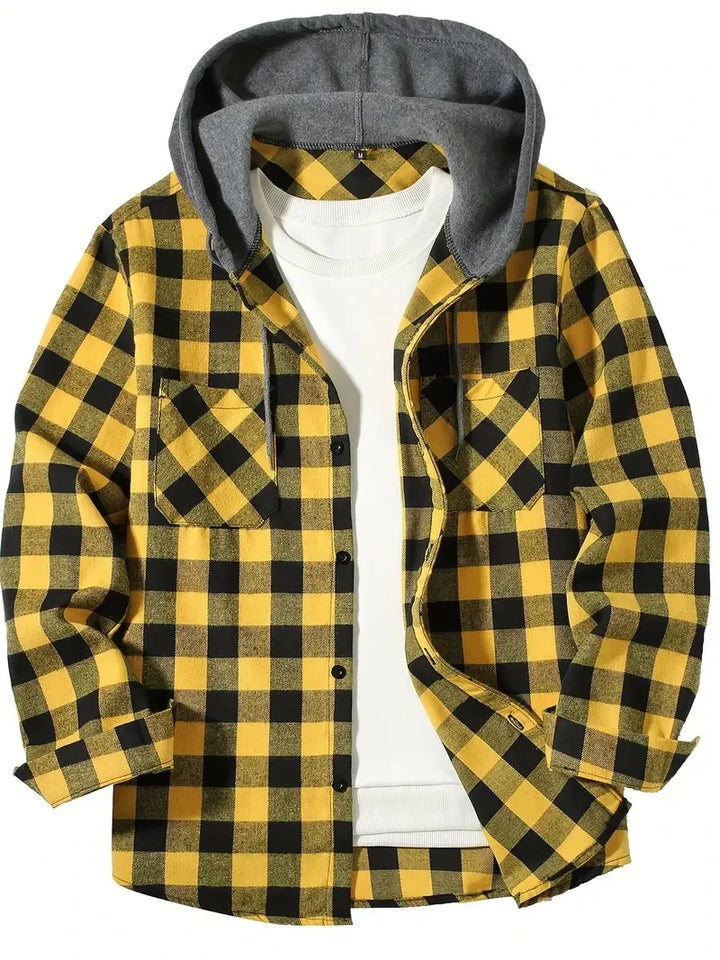 Men's Hooded Plaid Button Down Shirt - Slim Fit Long Sleeve