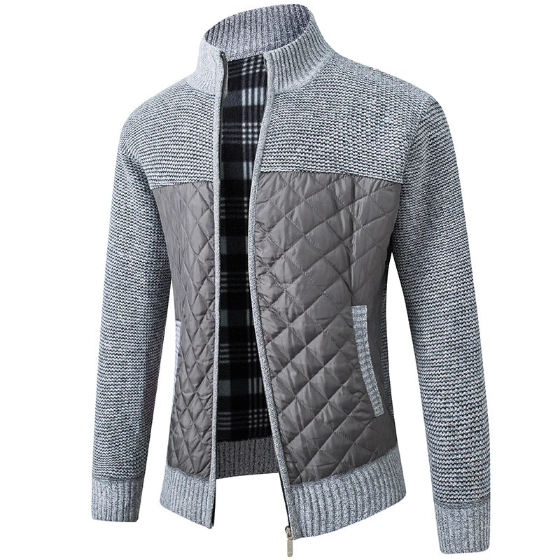 Knit Cardigan Jacket with Quilted Front - Korean Style Zip Sweater