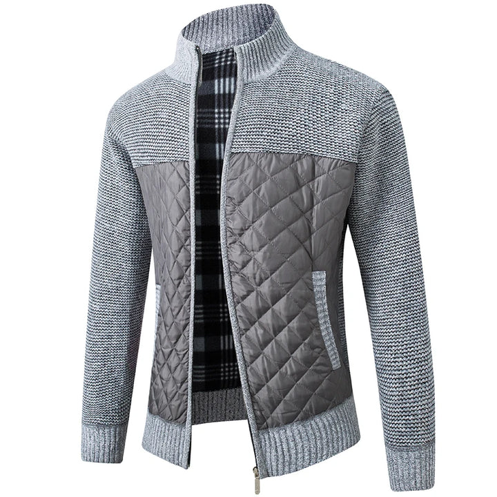 Knit Cardigan Jacket with Quilted Front - Korean Style Zip Sweater