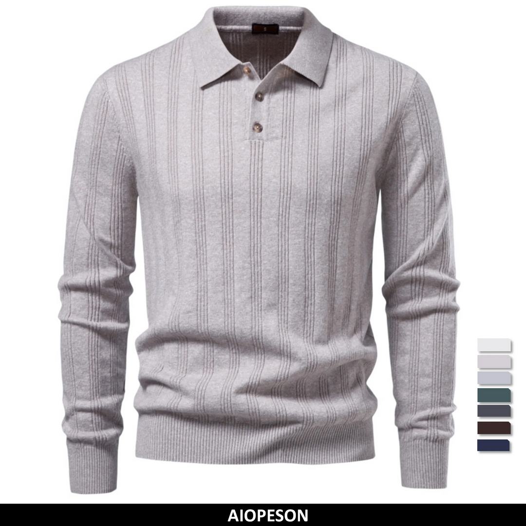 Men's Long Sleeve Knit Polo - Ribbed Knit Polo Shirt