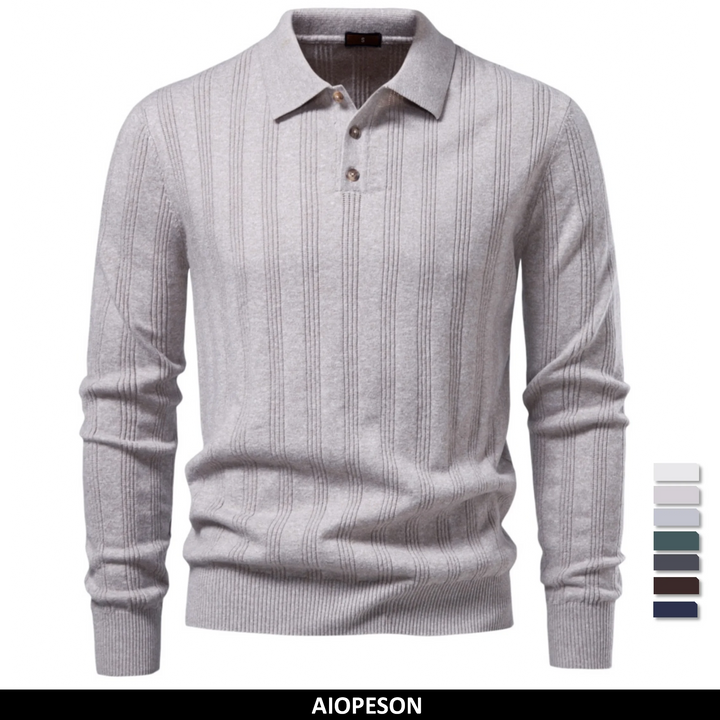 Men's Long Sleeve Knit Polo - Ribbed Knit Polo Shirt