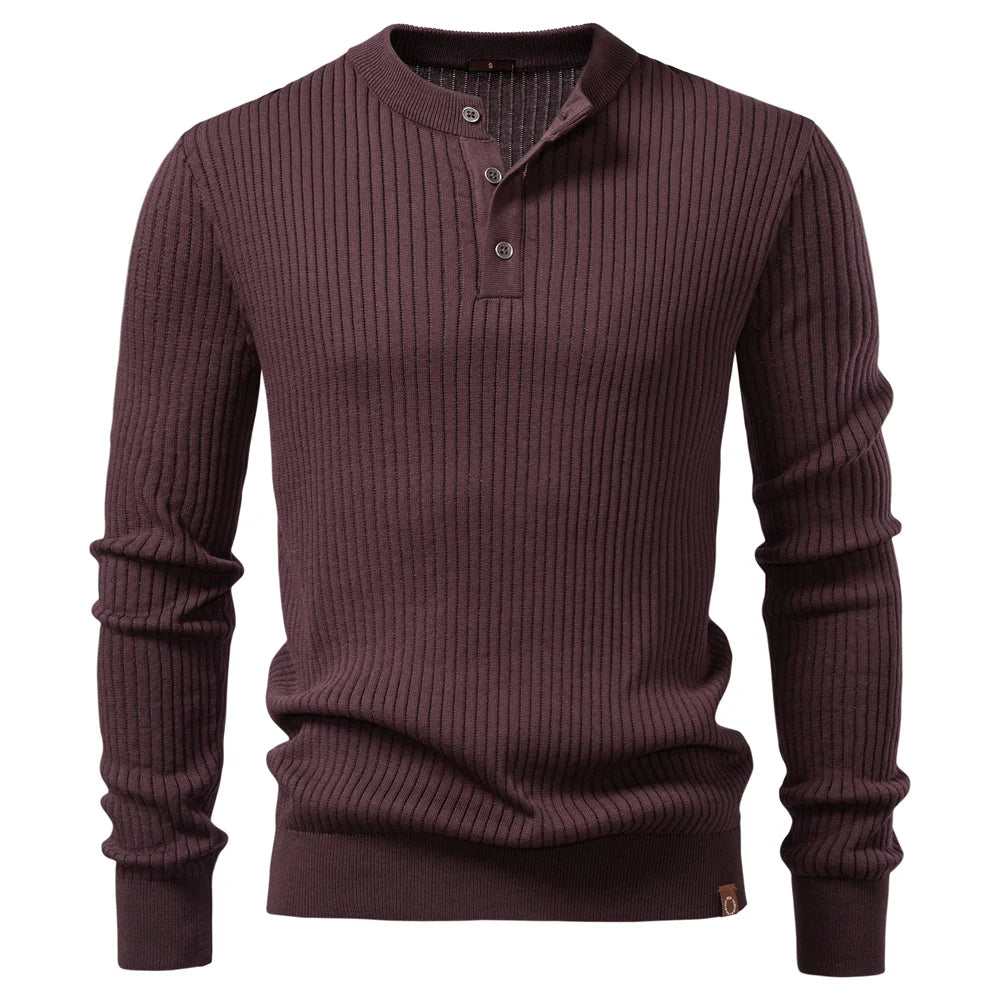 Men's Long Sleeve Henley Shirt - Ribbed Knit Slim Fit
