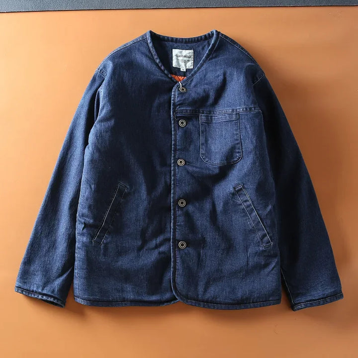 Men's Collarless Quilted Denim Jacket - Warm Winter Jacket
