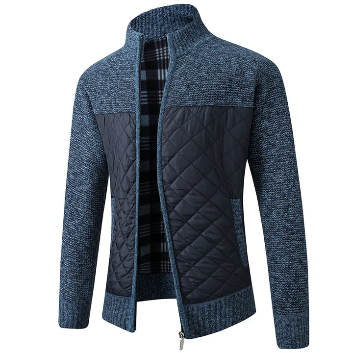 Knit Cardigan Jacket with Quilted Front - Korean Style Zip Sweater