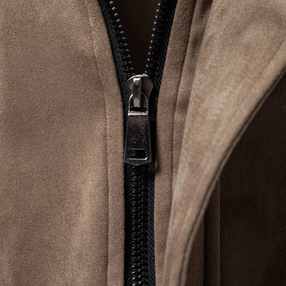 Men's Faux Suede Color Block Jacket - Zip Up Lapel Collar