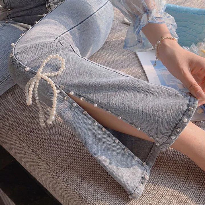 Beaded Split-Hem Jeans