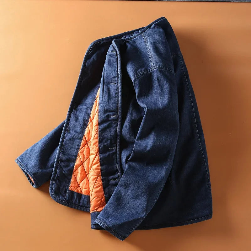 Men's Collarless Quilted Denim Jacket - Warm Winter Jacket