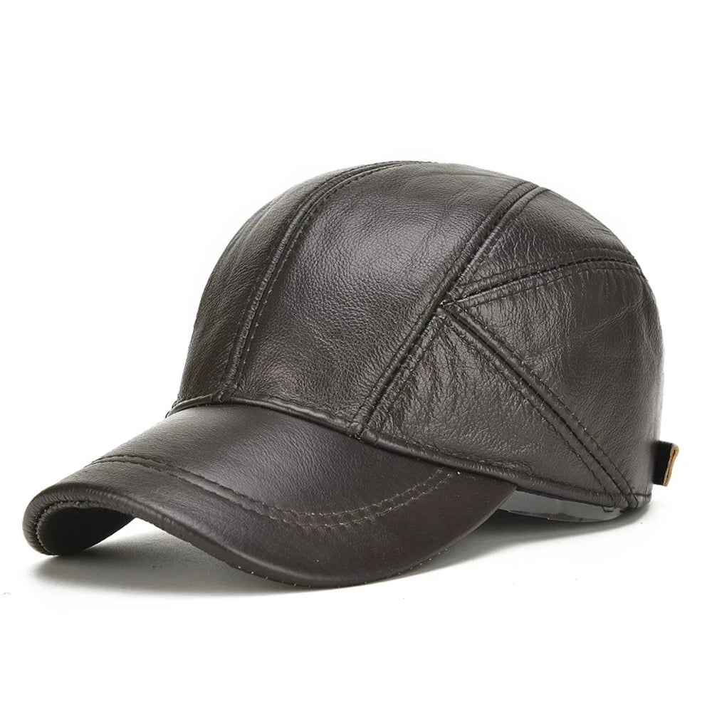 Men's Cowhide Leather Earflap Cap - Winter Baseball Hat