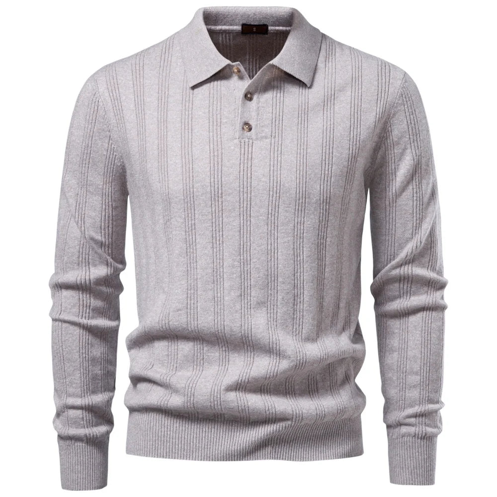 Men's Long Sleeve Knit Polo - Ribbed Knit Polo Shirt