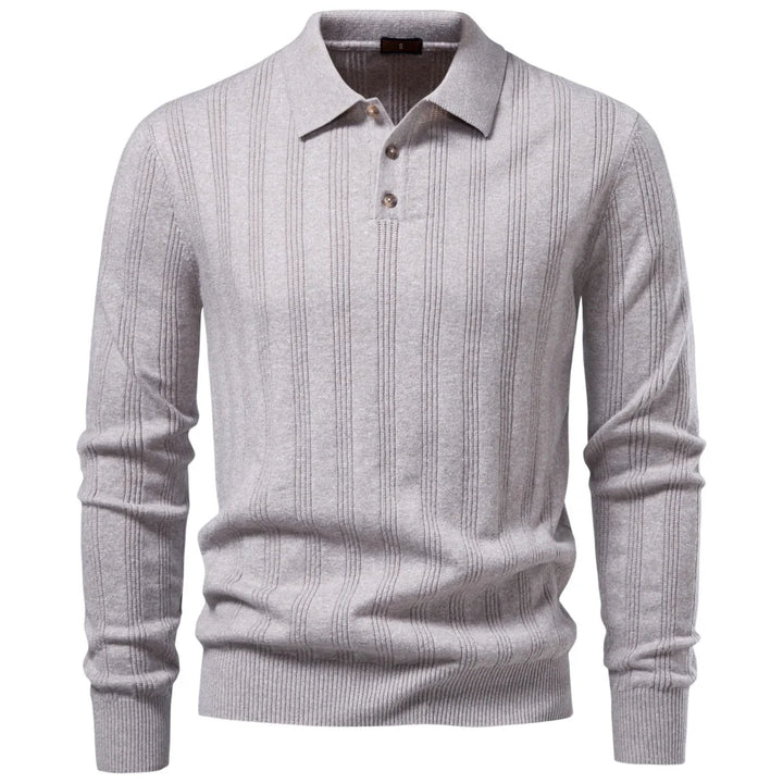Men's Long Sleeve Knit Polo - Ribbed Knit Polo Shirt